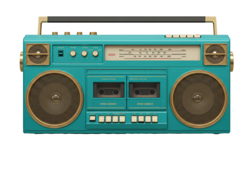 Isolated vintage 1980s turquoise boombox cassette player studio shot for retro entertainment media - Powered by Adobe