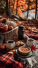 A cozy autumn thanksgiving picnic with a basket of apples,and pumpkin, coffee mugs, and a pumpkin pie on a red plaid blanket