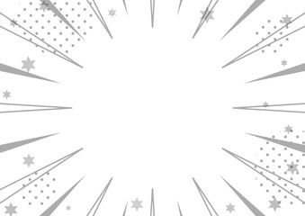 グレースケールの放射線状の輝きと星の飾り枠・集中線と星・水玉模様のモノクロフレーム