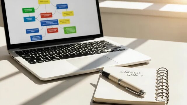 Diagram on laptop screen with notebook and pen, showcasing career goals. Diagram displays colorful rectangles and flowchart on modern laptop near spiral notepad. Concept diagram, chart