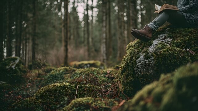 Person relaxes while reading a book perched upon a mossy boulder within a dense forest - Powered by Adobe