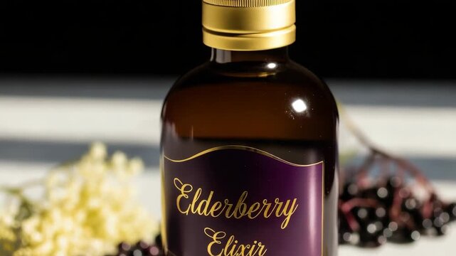 Elderberry elixir in a glass bottle with golden cap is displayed with fresh flowers and berries. Elderberry elixir, a natural remedy, offers health benefits and immune support