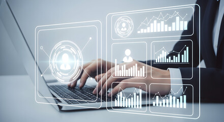 Business Analysis and Data Visualization Professional Using Laptop for Business Intelligence Analytics Data Driven Decision Making and Future Forecasts in Modern Workplace