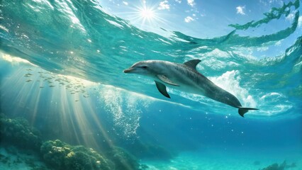 Naklejka premium A dolphin swimming through clear turquoise water with sunlight