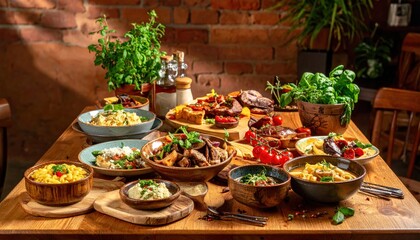 Colorful Feast A Diverse Array of Delicious Culinary Creations on Wooden Table