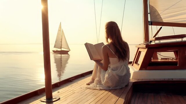 woman reading book on wooden deck of boat during sunset over calm seawoman in white dress on boat during golden hour with sailboat in backgroundwoman reading a book on a wooden deck during sunsetboa.
