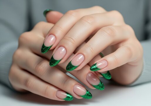 elegant female hands with festive french manicure. almond-shaped nails with green sparkling glitter tips. christmas and new year beauty concept. nail salon, blog design.