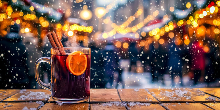 hot mulled wine with orange and cinnamon at a brightly lit Christmas market