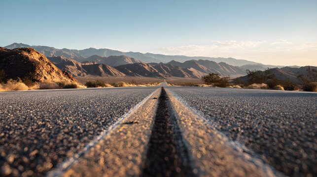Open highway stretches toward distant mountains under clear skies at sunrise or sunset