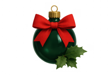 Christmas ornament concept with green bauble, red bow, and holly leaves, representing holiday festive decoration