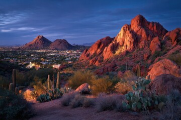 Scottsdale Night. Papago Park Red Sandstone Buttes at Sunset in Arizona Landscape