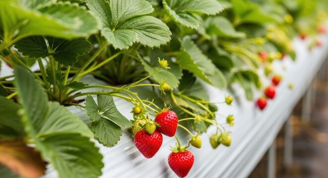 Lush strawberries hanging from plants on white troughs, in a greenhouse