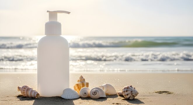 Sunscreen bottle and seashells on a sandy beach with the ocean in the background, offering protection from the suns rays and a reminder of summer vacation