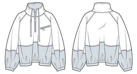 Half Zip Sweatshirt Fashion Flat Sketch. Raglan Sleeve Sport Jacket fashion flat technical drawing template, bubble, pocket, front and back view, white, grey, women, men, unisex CAD mockup © Liubov Hladka