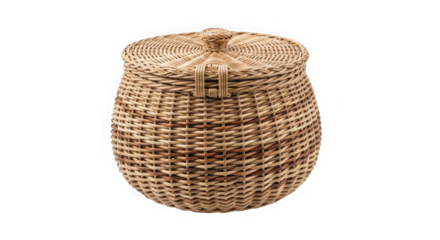 Woven wicker storage basket with lid isolated on transparent background