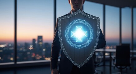 Man holding shield with glowing digital symbol, city skyline backdrop