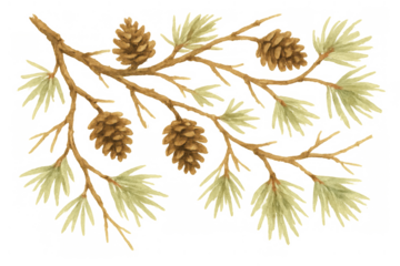 Pine branch with cones in watercolor painting, botanical illustration for winter themes, transparent background