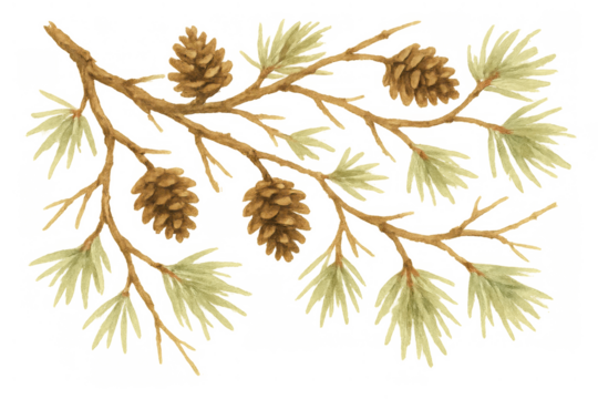 Pine branch with cones in watercolor painting, botanical illustration for winter themes, transparent background