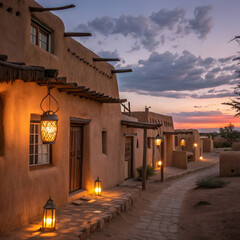 Peaceful adobe village at twilight with glowing lantern lights