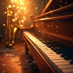 Grand piano with sparkling lights and saxophone on wooden surface  