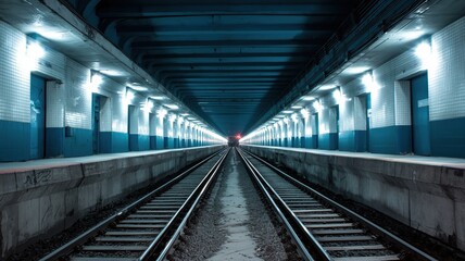 Modern empty subway station interior with tiled walls, curved railway tracks, and bright fluorescent lights creating a clean underground transit atmosphere