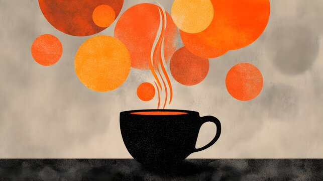 Steaming dark beverage rises into abstract orange spheres against a muted background