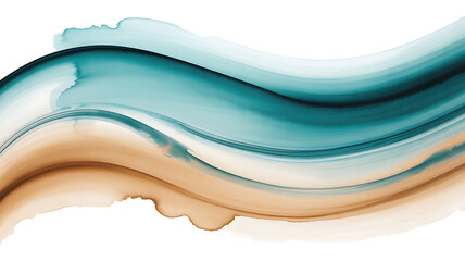 Abstract flowing waves of teal blue and sandy brown watercolor paint on white background