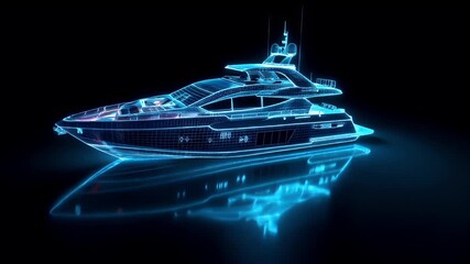 A highresolution digital artwork of a luxury yacht. The yacht is depicted in a neon blue hue, highlighting its sleek design and intricate details. The background is a deep black.