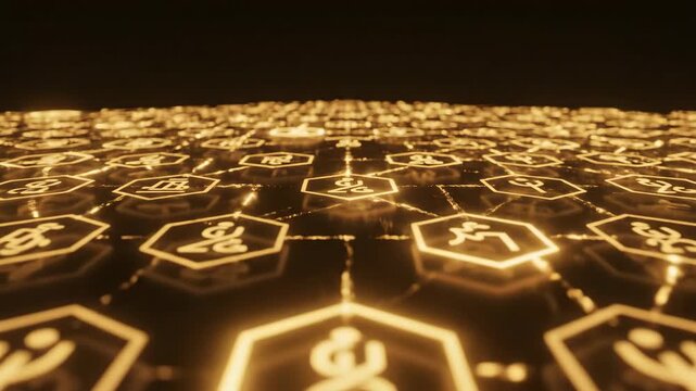 An array of hexagonal symbols glows in an arrangement with a reflective surface and dark background