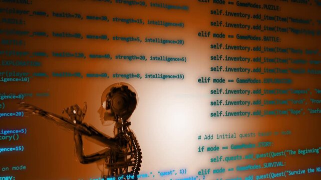 abstract three dimensional animation of ai robot in fight poses with programming code. Big data overlay