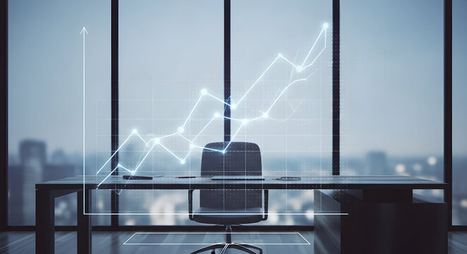 Contemporary office workspace with financial growth graph overlay symbolizing success business strategies and economic development reflecting modern corporate achievement and
