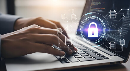Data security and protection on a laptop computer with hands typing illustrating cybersecurity for online digital privacy and personal information safety and technology