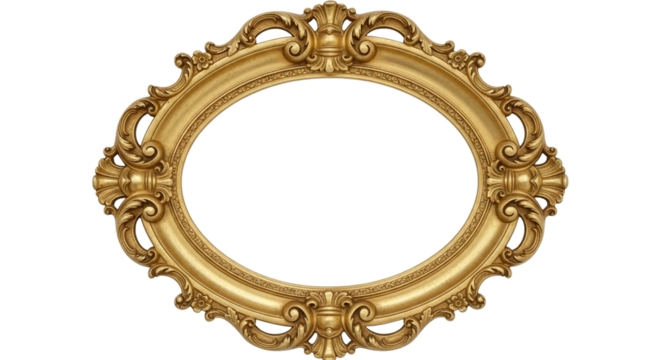 Elegant golden oval frame with intricate baroque details isolated on transparent background, perfect for adding a touch of classic style