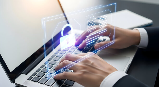 Conceptual image showcasing data security and privacy on a laptop keyboard with lock symbol protection highlighting online safety for digital information and secure data transfer