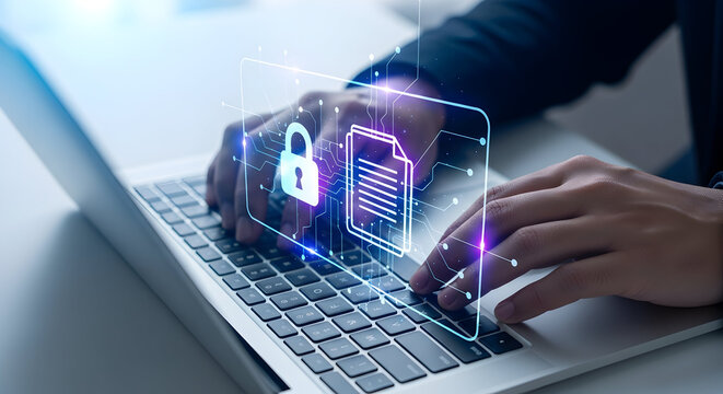 Modern laptop data security system with businessman hands typing ensures privacy protection cyber safety digital file access information technology security solutions for a safe - Powered by Adobe