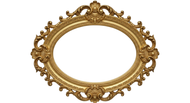 Ornate golden oval frame with baroque design isolated on transparent background, ideal for showcasing artwork or adding a vintage touch