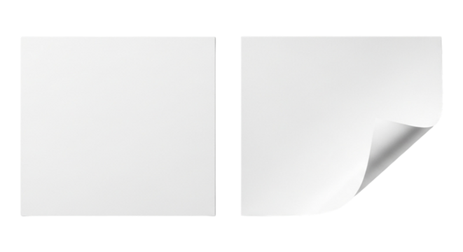Two blank white paper sheets, one with curled corner isolated on transparent background for mockup design