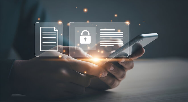 Secure data transfer with mobile encryption showing a smartphone in hand and illuminated file icons and padlock visualizing online security and digital document management in the