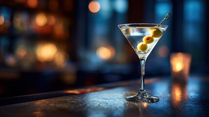 Classic martini with olives on a bar counter in a dimly lit bar