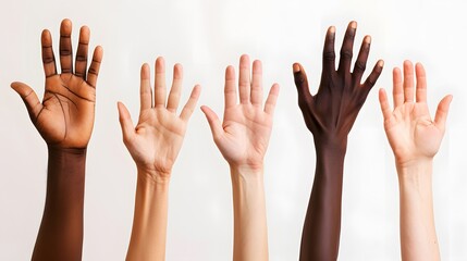 Five raised hands display diverse skin tones against a light background