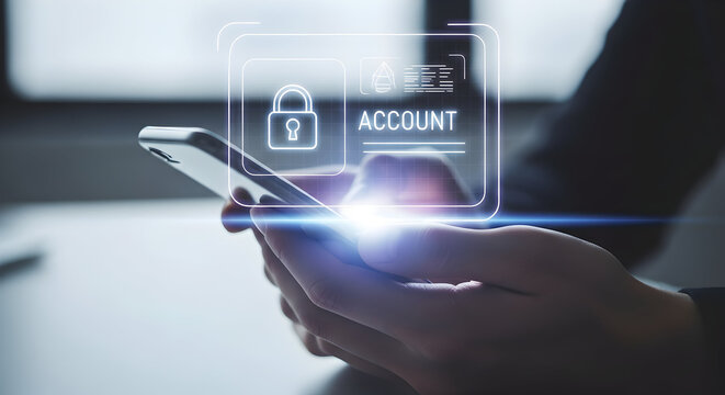 Hands Holding Phone with Secure Account Access interface illustrates mobile banking security and data protection concept featuring user authentication and online privacy