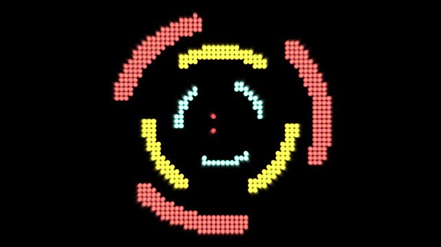 Retro radial animation. Bended lines in stylized gaming pixel pattern. Vinage colors on black color background. game circle hud