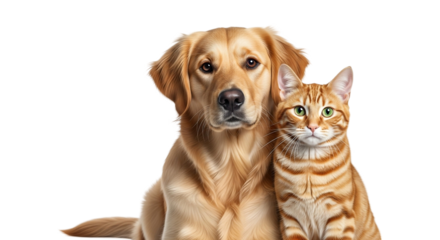 Closeup of a golden retriever dog and a ginger cat sitting side by side isolated on transparent background looking at the camera