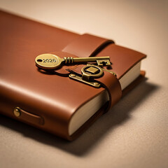 Vintage leather bound journal with brass key for the year 2026