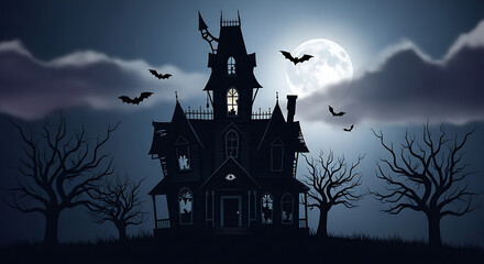 Fototapeta premium Eerie haunted mansion under a full moon, with flying bats and bare trees on a dark, cloudy night, creating a spooky Halloween atmosphere perfect for horror themes