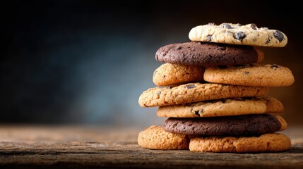 Stack of chocolate chip and oatmeal cookies on a rustic wooden table