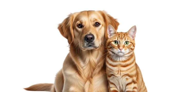 Closeup of a golden retriever dog and a ginger cat sitting side by side isolated on transparent background looking at the camera