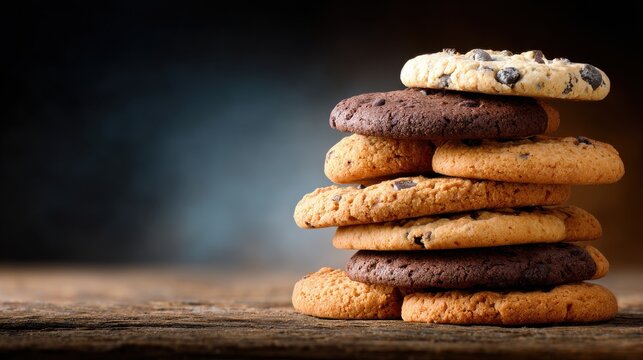 Stack of chocolate chip and oatmeal cookies on a rustic wooden table
