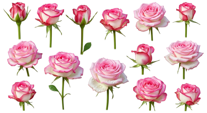 Collection of pink rose blooms and buds isolated on transparent background, showcasing the beauty of natures floral wonders