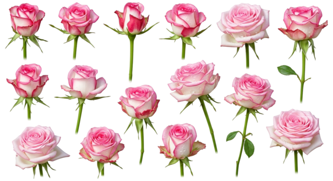 Collection of pink rose flower isolated on transparent background, showcasing the beauty and elegance of each individual bloom